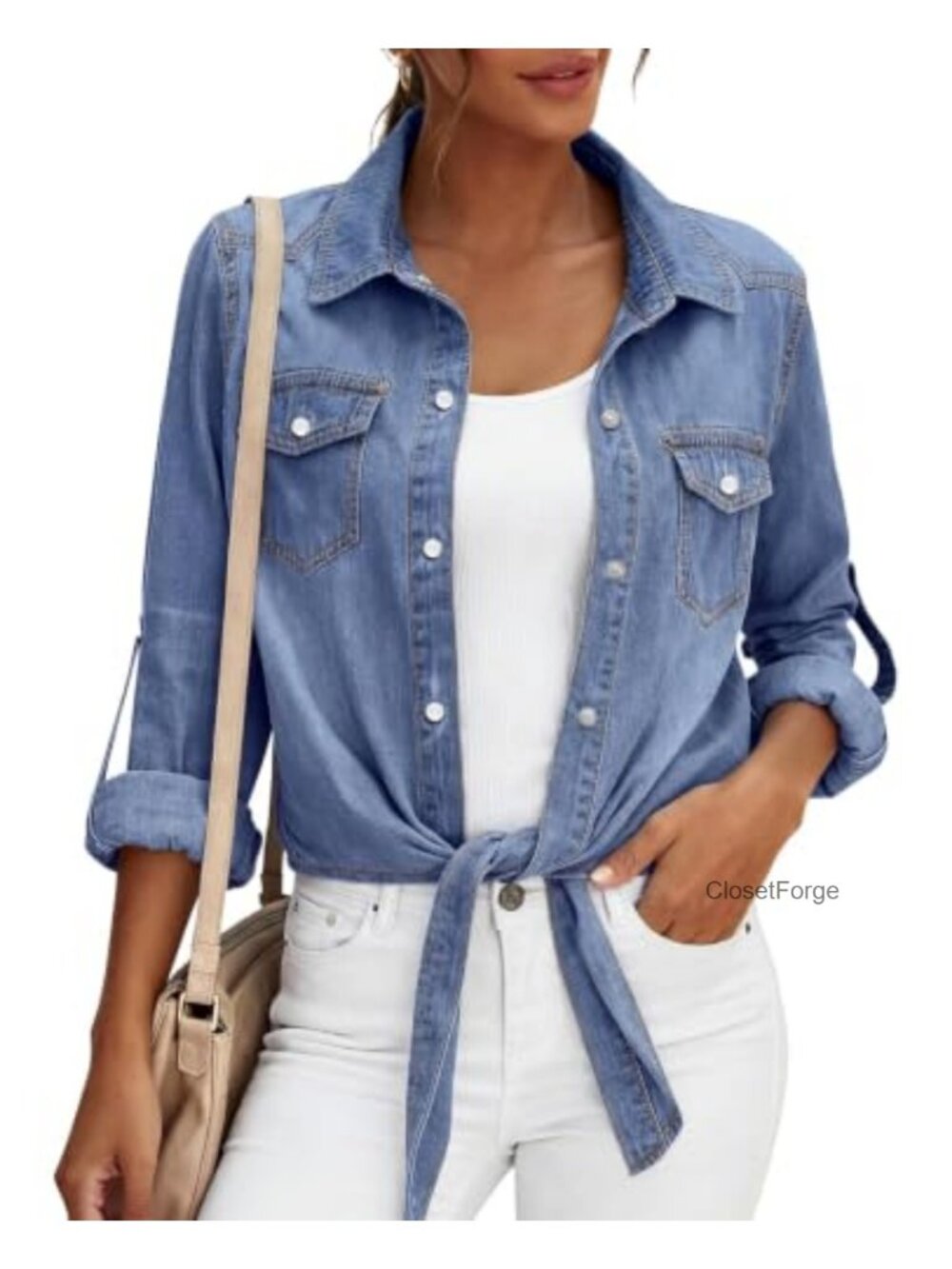 Womens Long Sleeve Button Down Denim Shirt Tie Knot Front Crop Top Jean Jacket
